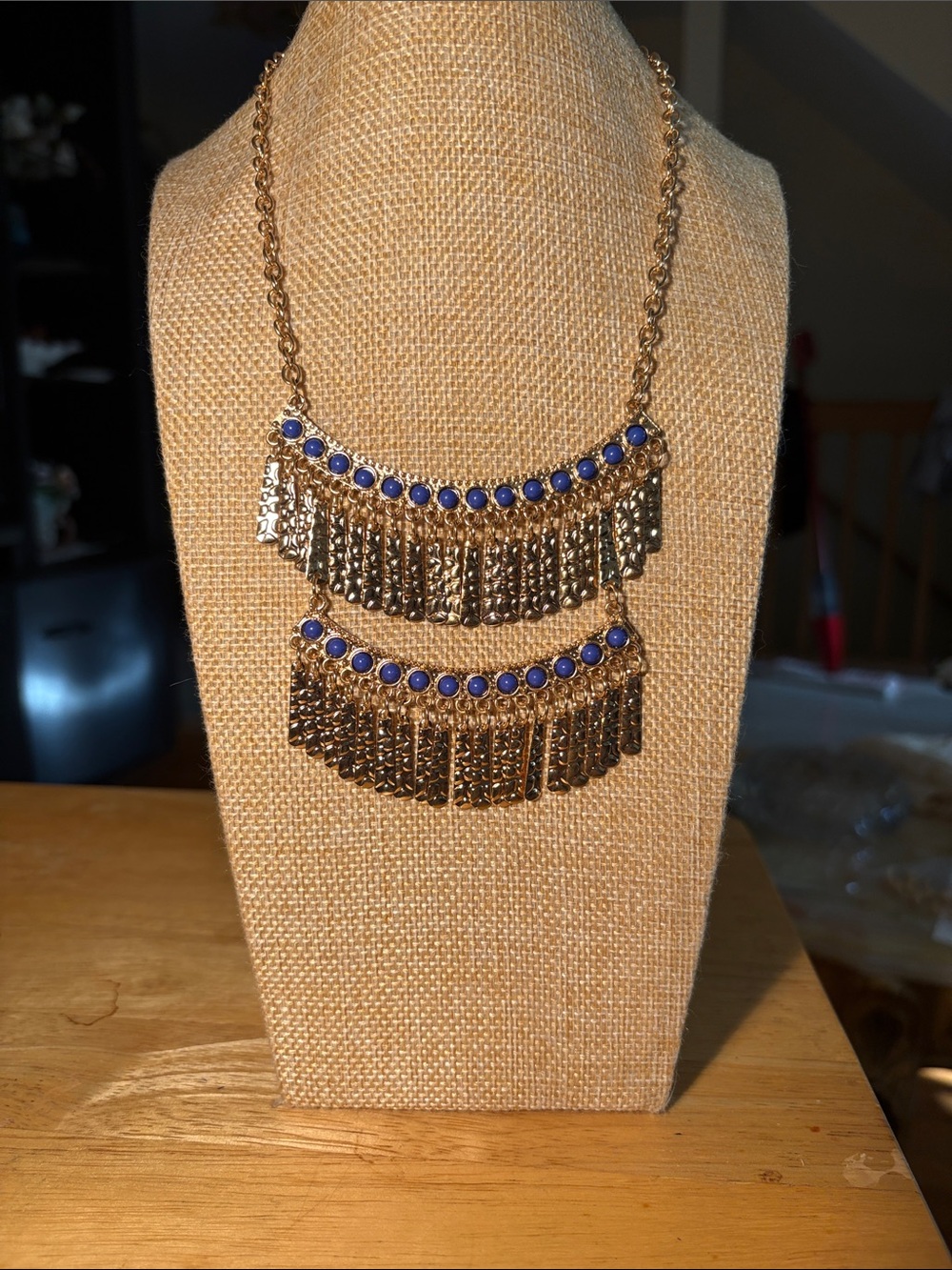 0163) Gold-Tone Double Fringe Necklace with Blue Accent Beads